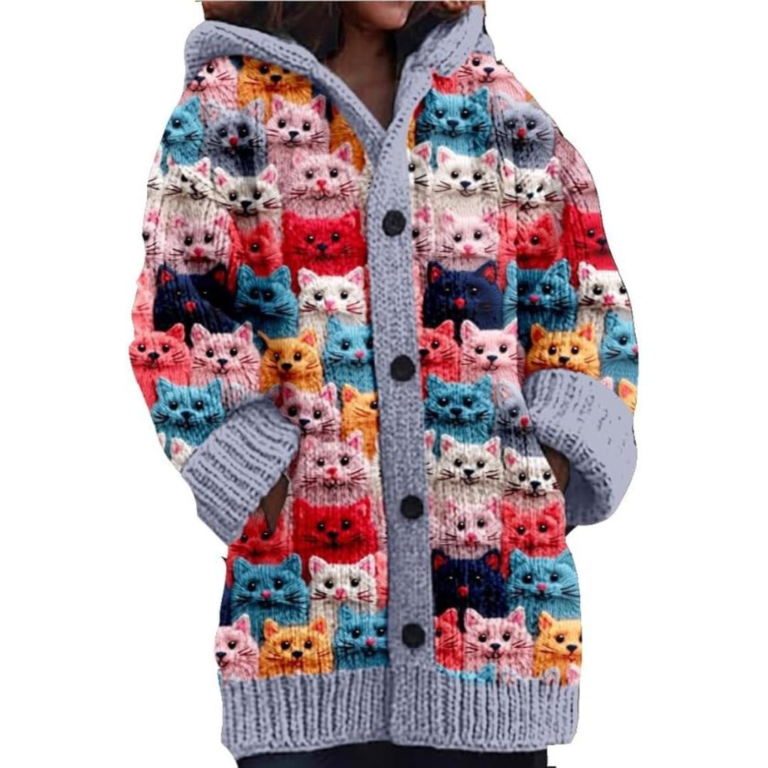 Knit Cat Print Hoodie Cardigan | Button-Front with Pockets | Whimsical Warm Layer