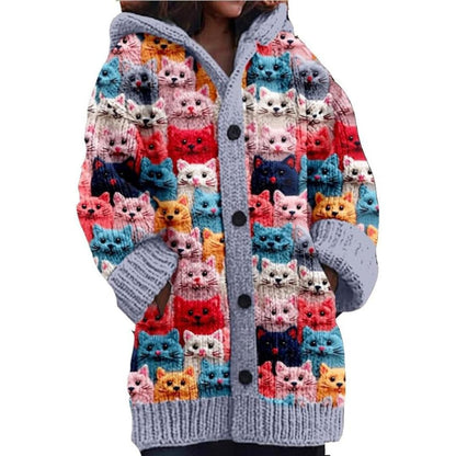 Knit Cat Print Hoodie Cardigan | Button-Front with Pockets | Whimsical Warm Layer
