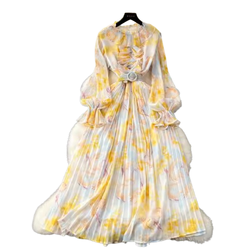 Women's Pleated Floral Maxi Dress | Belted Waist | Elegant Long Sleeve Spring Dress