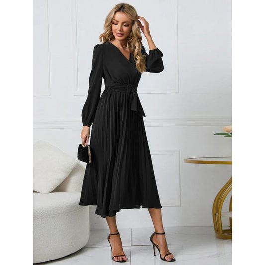 Pleated Midi Dress | Belted Waist | Elegant Long Sleeve Design