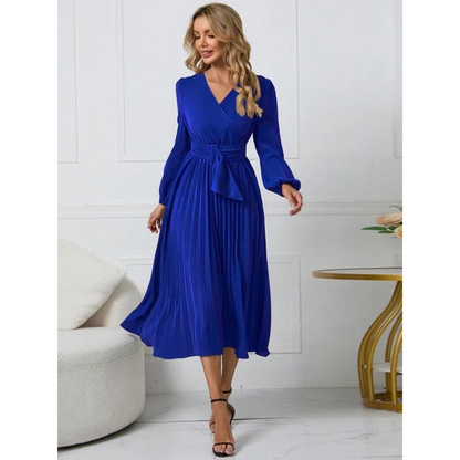 Pleated Midi Dress | Belted Waist | Elegant Long Sleeve Design