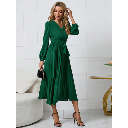 Pleated Midi Dress | Belted Waist | Elegant Long Sleeve Design