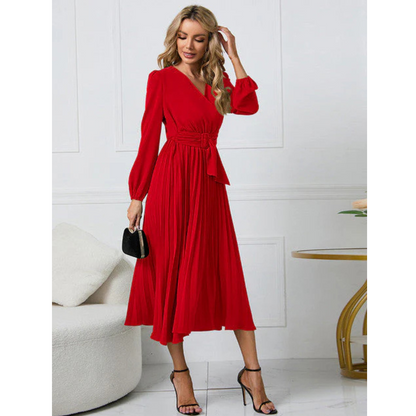 Pleated Midi Dress | Belted Waist | Elegant Long Sleeve Design