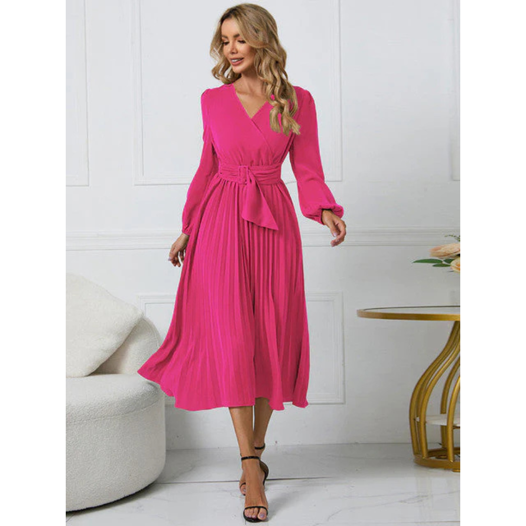 Pleated Midi Dress | Belted Waist | Elegant Long Sleeve Design