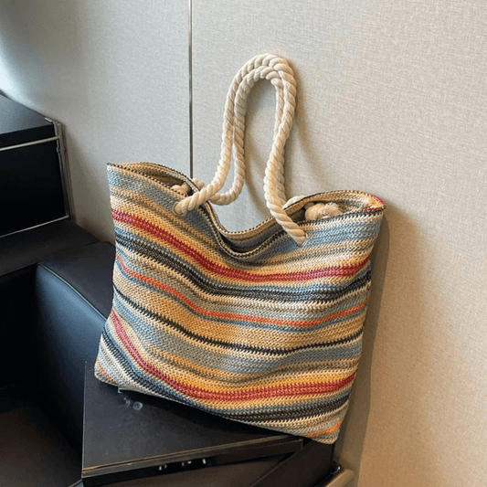 Striped Crochet Shoulder Tote Bag | Lightweight Knit | Oversized Beach Style