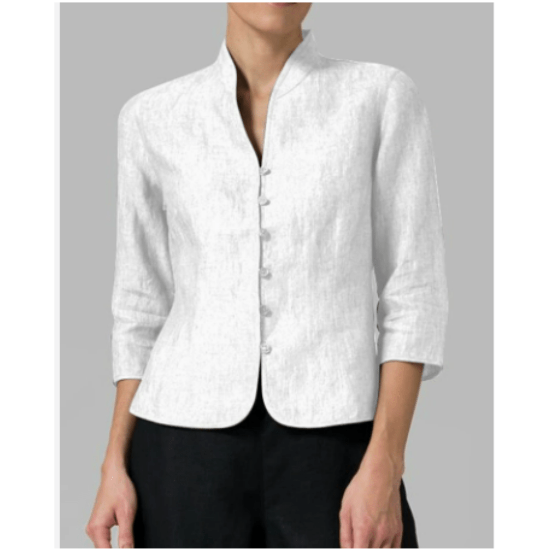 Mandarin Collar Button Blouse | 3/4 Sleeve | Tailored Linen Blend