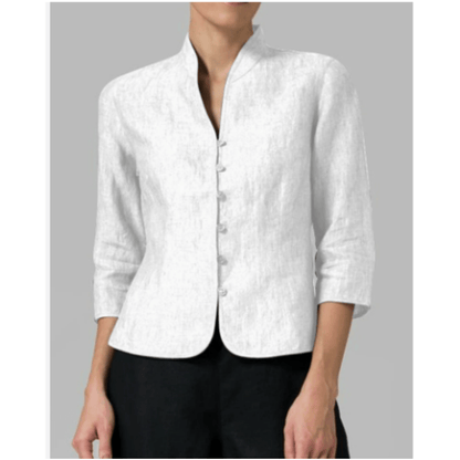 Mandarin Collar Button Blouse | 3/4 Sleeve | Tailored Linen Blend
