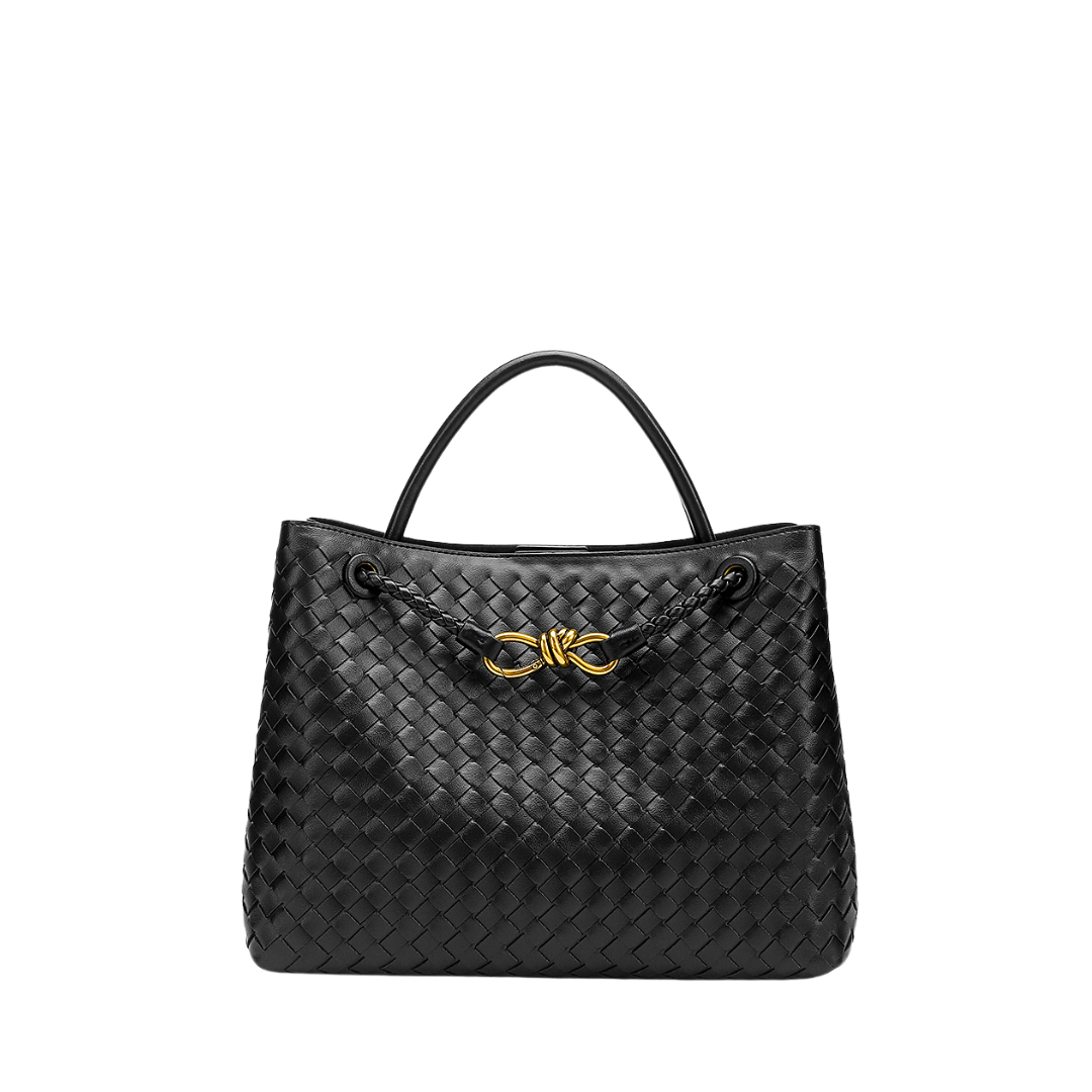 Woven Leather-Look Tote Bag | Gold Knot Detail | Structured Everyday Handbag