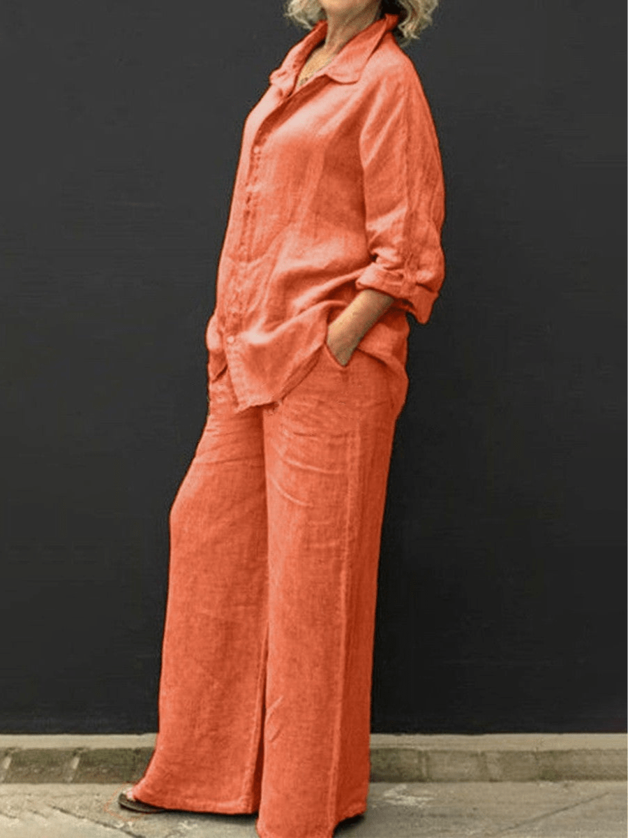 Relaxed Linen Two-Piece Set | Long-Sleeve Shirt & Wide-Leg Pants | Breathable Fit