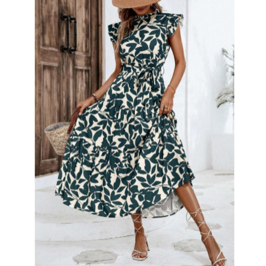 Leaf Print Tiered Maxi Dress | Ruffle Sleeve | Lightweight Summer Style