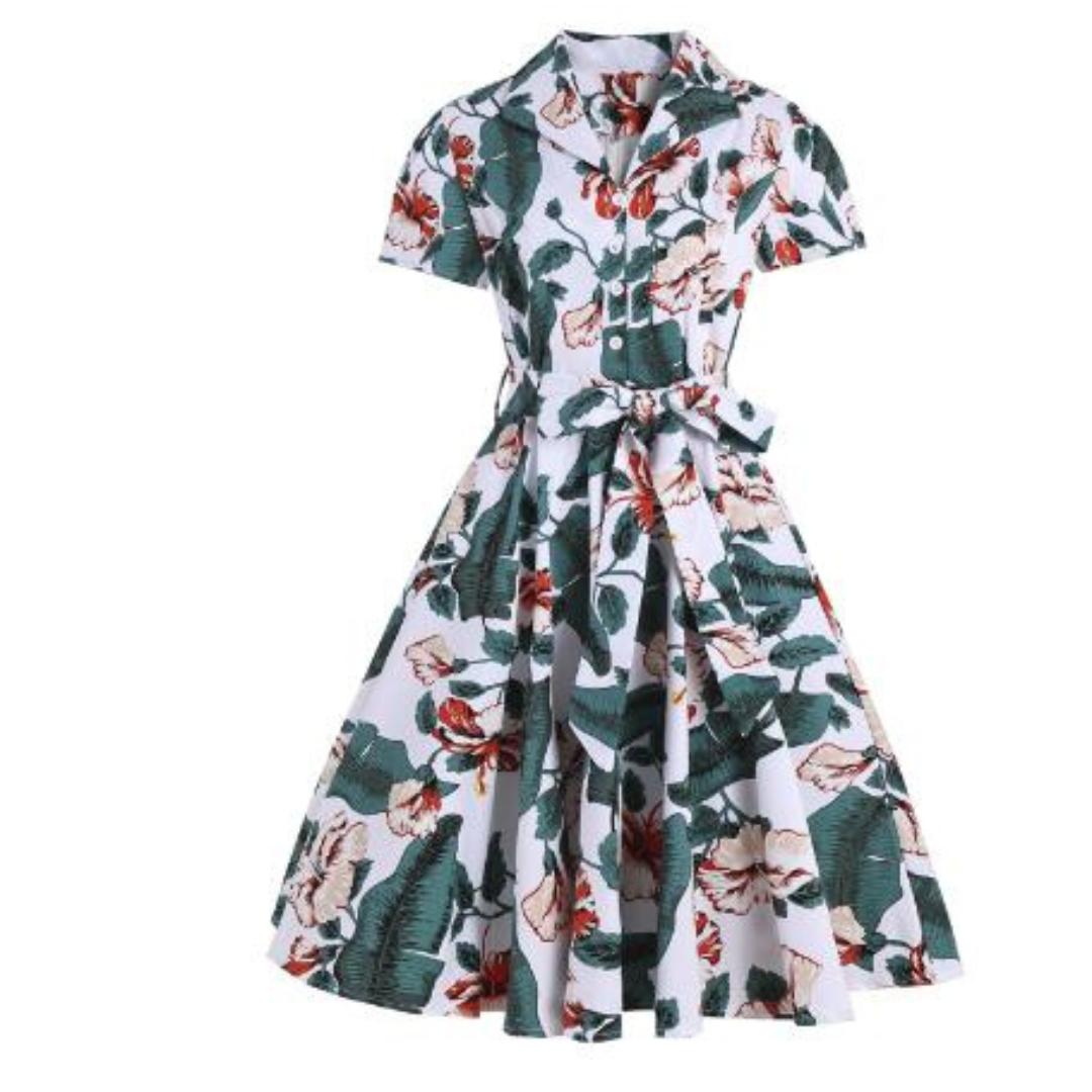 Vintage Shirt Dress | Fit-and-Flare Belted Midi | Tropical Floral Print
