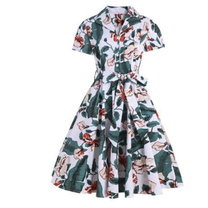 Vintage Shirt Dress | Fit-and-Flare Belted Midi | Tropical Floral Print