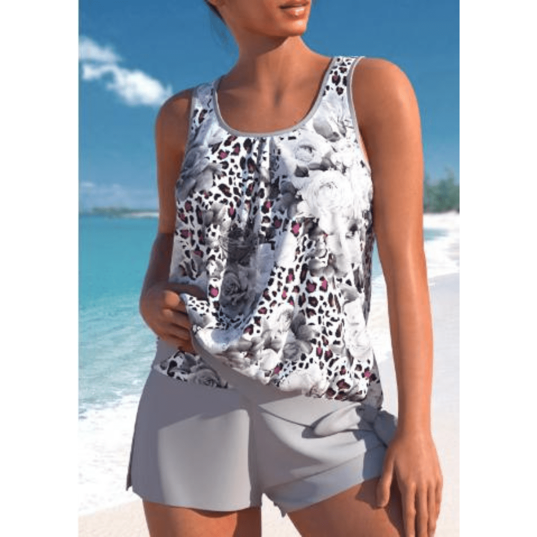 Two-Piece Floral Tankini Set | Scoop Neck | High-Waisted Shorts