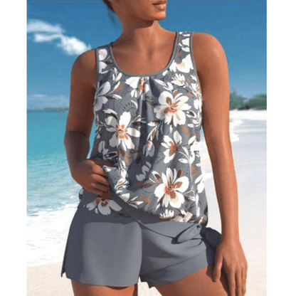 Two-Piece Floral Tankini Set | Scoop Neck | High-Waisted Shorts