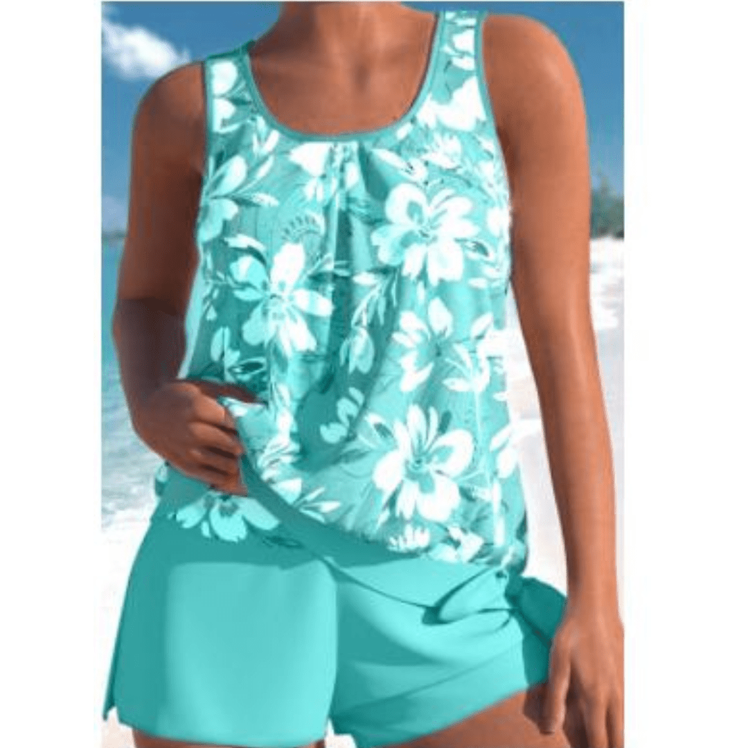 Two-Piece Floral Tankini Set | Scoop Neck | High-Waisted Shorts