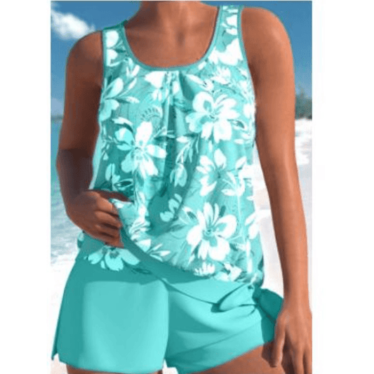 Two-Piece Floral Tankini Set | Scoop Neck | High-Waisted Shorts