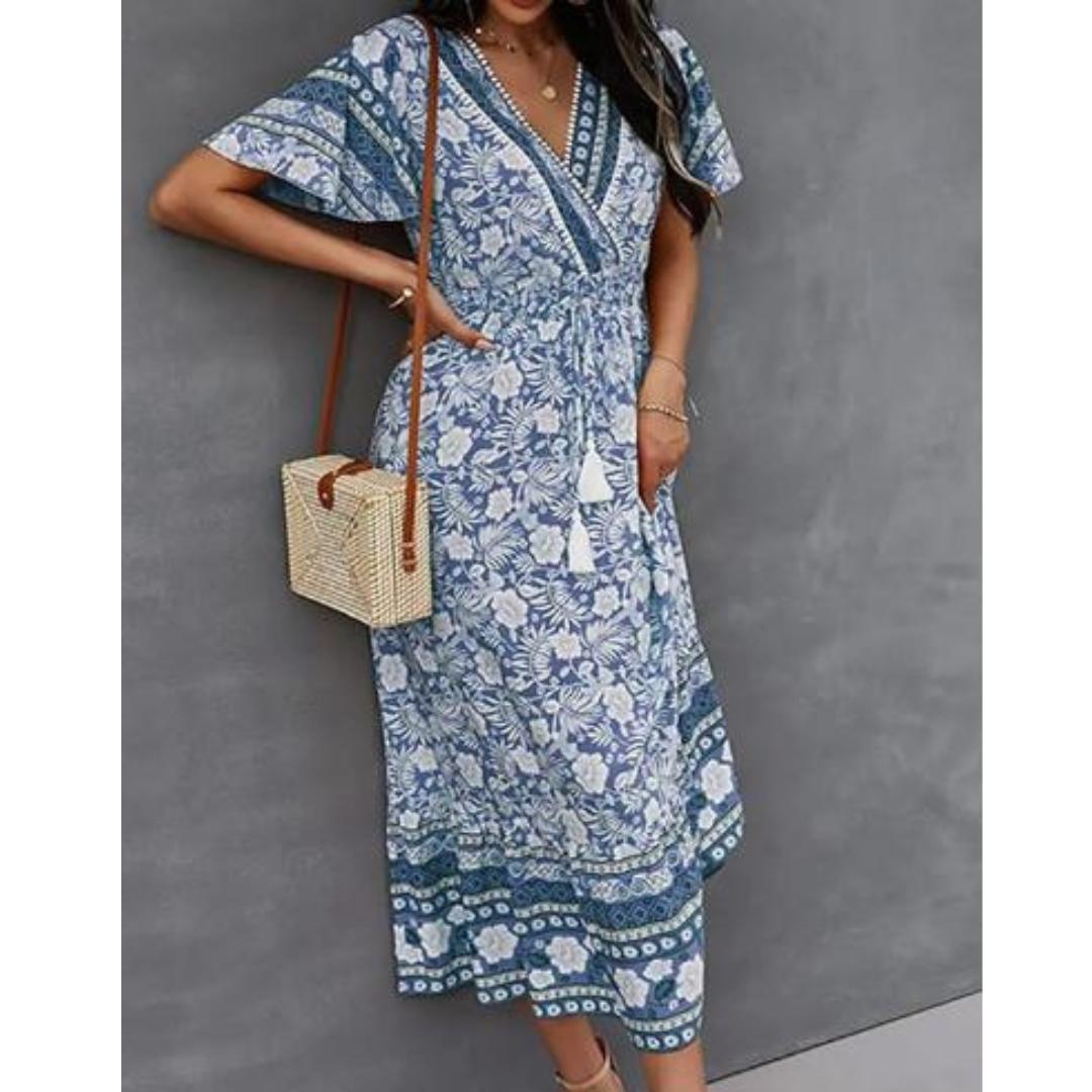 Boho Midi Dress | Floral Print with Pockets & Tassel Tie | Lightweight Summer Fit