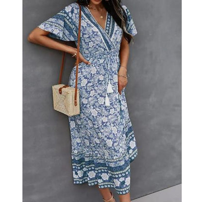 Boho Midi Dress | Floral Print with Pockets & Tassel Tie | Lightweight Summer Fit