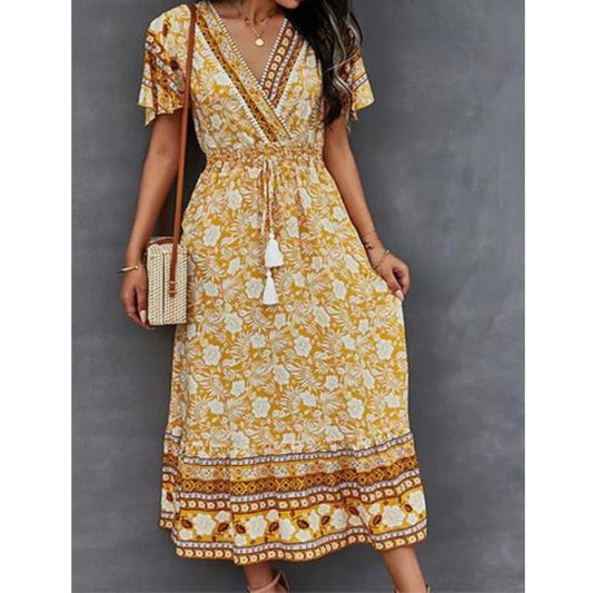 Boho Midi Dress | Floral Print with Pockets & Tassel Tie | Lightweight Summer Fit