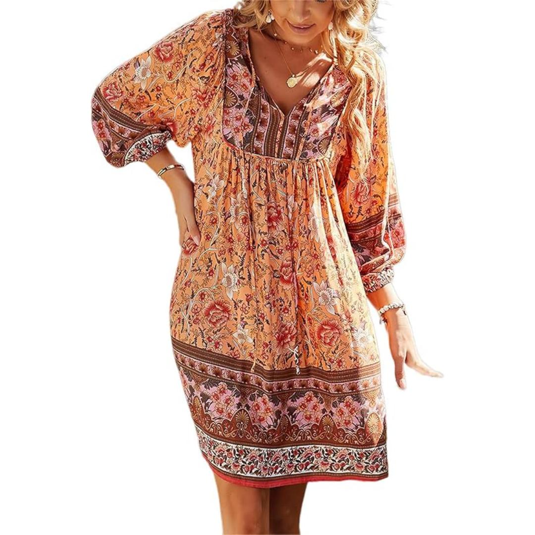 Boho Kaftan Dress | Relaxed Fit with V-Neck & Batwing Sleeves | Lightweight Travel Style