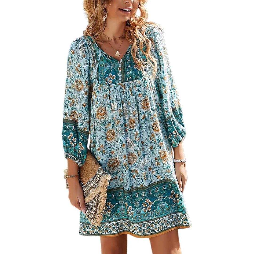 Boho Kaftan Dress | Relaxed Fit with V-Neck & Batwing Sleeves | Lightweight Travel Style