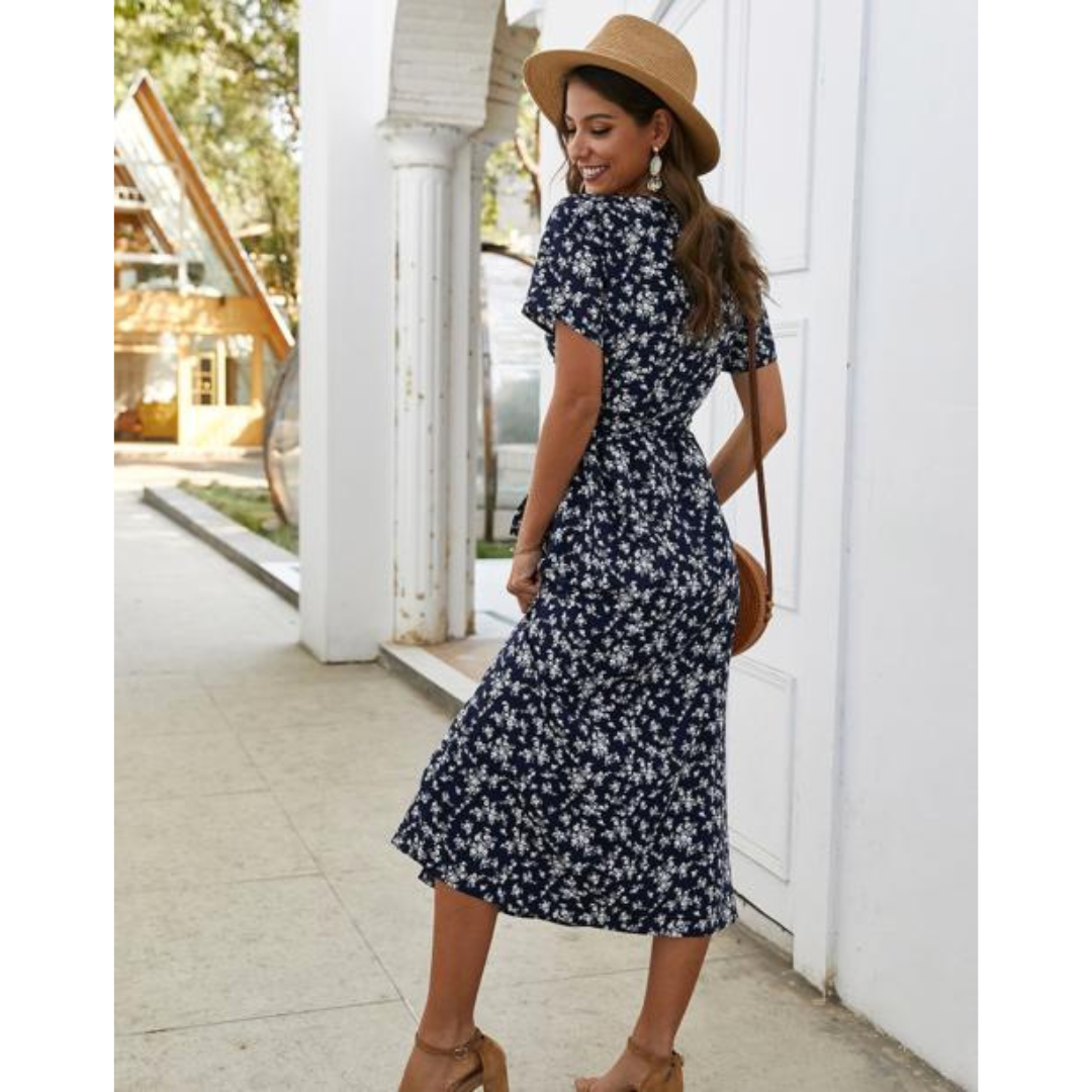 Short Sleeve Floral Midi Dress | V-Neck Button-Front | Casual Summer Style