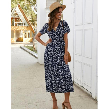 Short Sleeve Floral Midi Dress | V-Neck Button-Front | Casual Summer Style