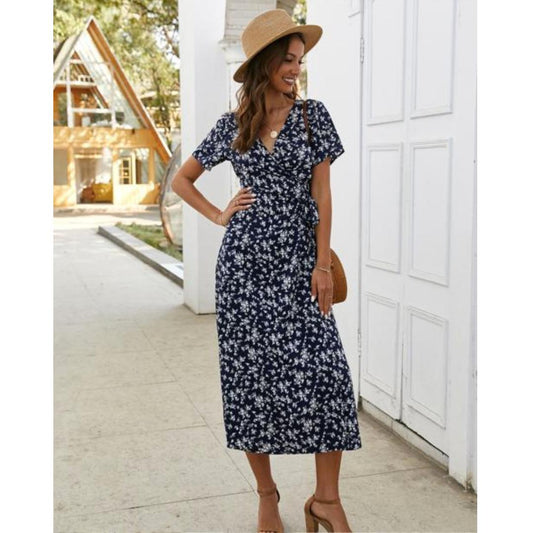Short Sleeve Floral Midi Dress | V-Neck Button-Front | Casual Summer Style