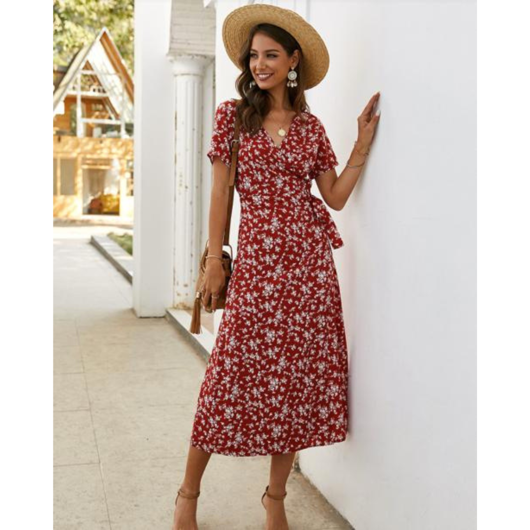 Short Sleeve Floral Midi Dress | V-Neck Button-Front | Casual Summer Style