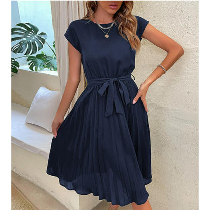 Pleated Midi Dress | Waist Tie Belt | Short Sleeve Elegant Fit