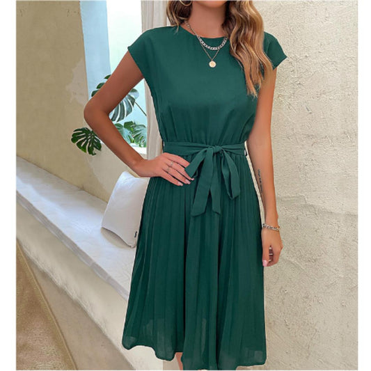 Pleated Midi Dress | Waist Tie Belt | Short Sleeve Elegant Fit