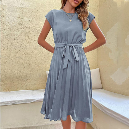 Pleated Midi Dress | Waist Tie Belt | Short Sleeve Elegant Fit