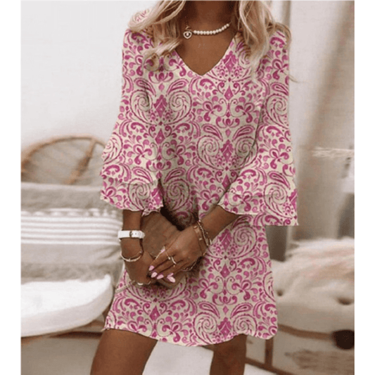 Floral V-Neck Mini Dress | Layered Bell Sleeves | Lightweight Chiffon Blend