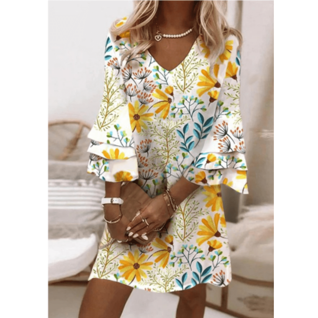 Floral V-Neck Mini Dress | Layered Bell Sleeves | Lightweight Chiffon Blend
