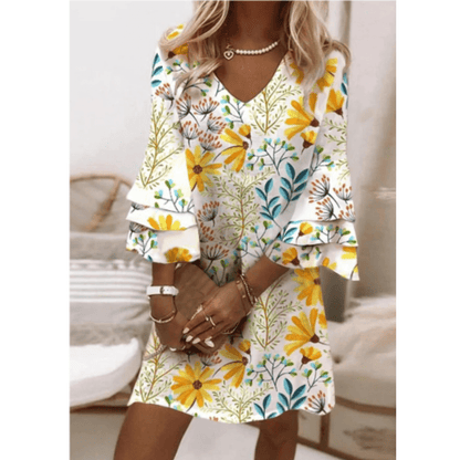 Floral V-Neck Mini Dress | Layered Bell Sleeves | Lightweight Chiffon Blend