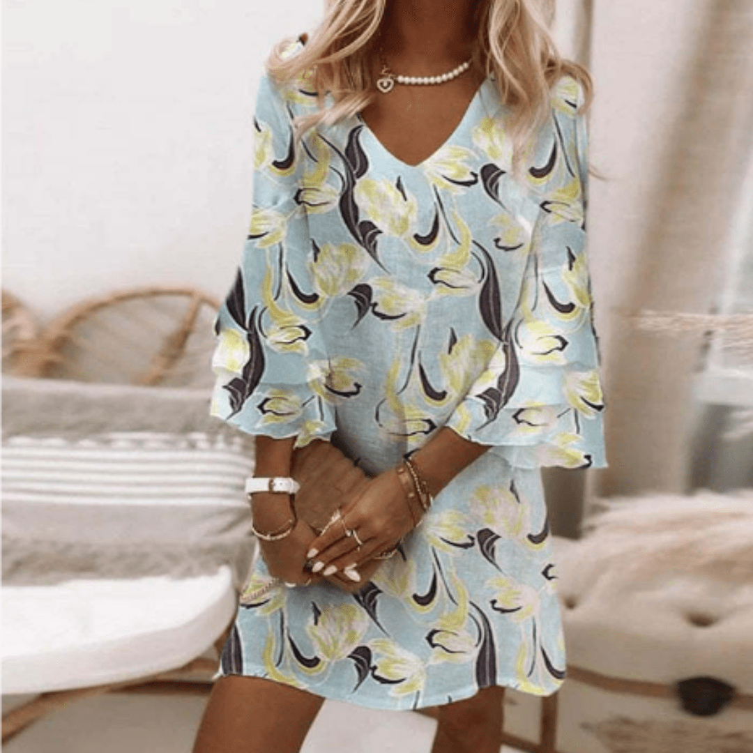 Floral V-Neck Mini Dress | Layered Bell Sleeves | Lightweight Chiffon Blend