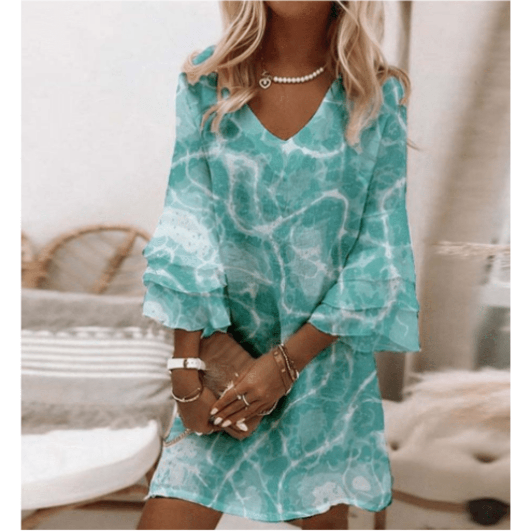 Floral V-Neck Mini Dress | Layered Bell Sleeves | Lightweight Chiffon Blend
