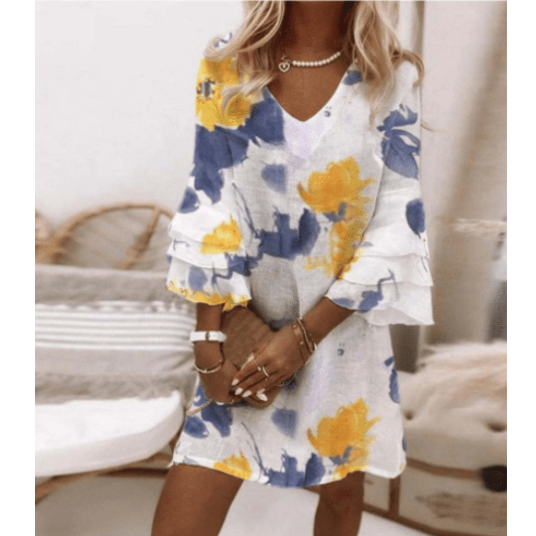 Floral V-Neck Mini Dress | Layered Bell Sleeves | Lightweight Chiffon Blend