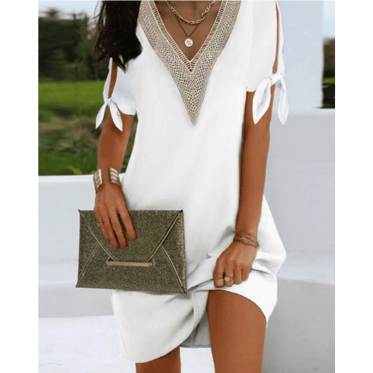 V-Neck Tunic Dress | Lace Trim | Tie Sleeve Detail