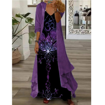 2-Piece Lace Maxi Dress Set | Floral Embroidered Dress & Drape Cardigan | Elegant Summer Layered Look