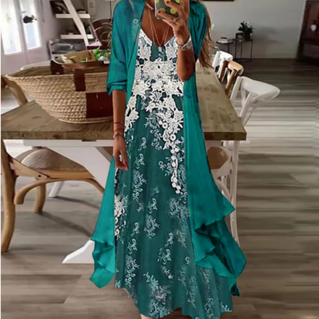 2-Piece Lace Maxi Dress Set | Floral Embroidered Dress & Drape Cardigan | Elegant Summer Layered Look