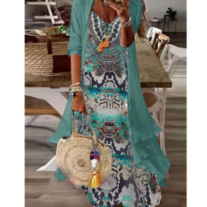 2-Piece Lace Maxi Dress Set | Floral Embroidered Dress & Drape Cardigan | Elegant Summer Layered Look