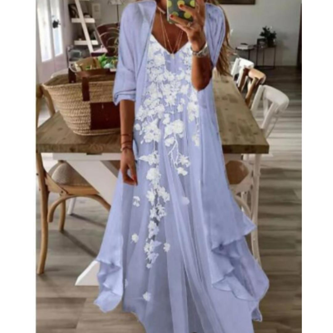 2-Piece Lace Maxi Dress Set | Floral Embroidered Dress & Drape Cardigan | Elegant Summer Layered Look