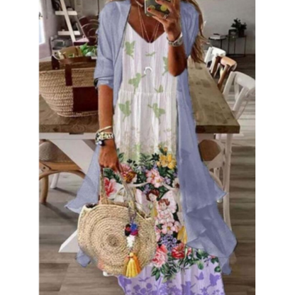 2-Piece Lace Maxi Dress Set | Floral Embroidered Dress & Drape Cardigan | Elegant Summer Layered Look