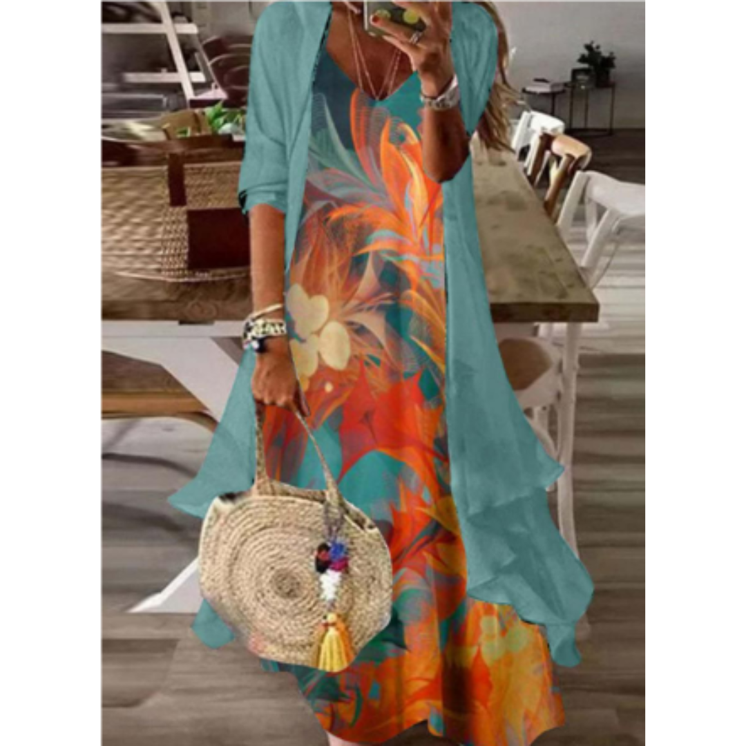 2-Piece Lace Maxi Dress Set | Floral Embroidered Dress & Drape Cardigan | Elegant Summer Layered Look
