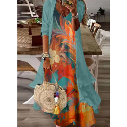 2-Piece Lace Maxi Dress Set | Floral Embroidered Dress & Drape Cardigan | Elegant Summer Layered Look
