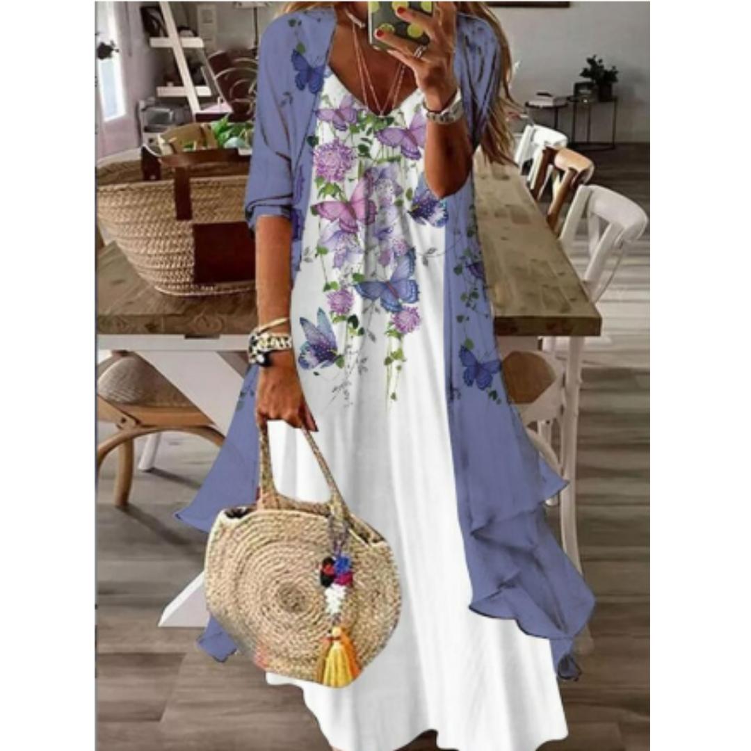 2-Piece Lace Maxi Dress Set | Floral Embroidered Dress & Drape Cardigan | Elegant Summer Layered Look