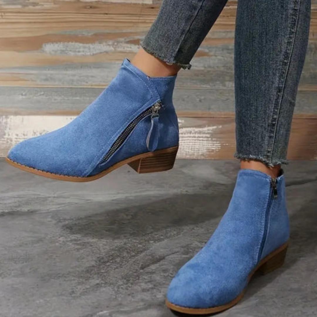 Suede Ankle Booties | Low Block Heel | Side Zip Casual Boots