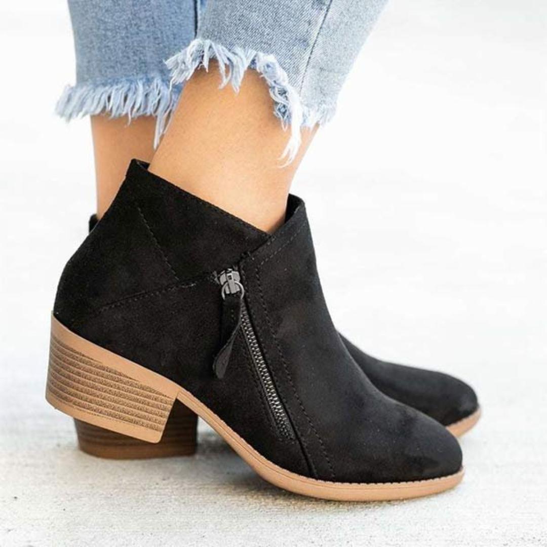 Suede Ankle Booties | Low Block Heel | Side Zip Casual Boots