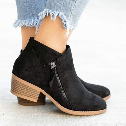Suede Ankle Booties | Low Block Heel | Side Zip Casual Boots